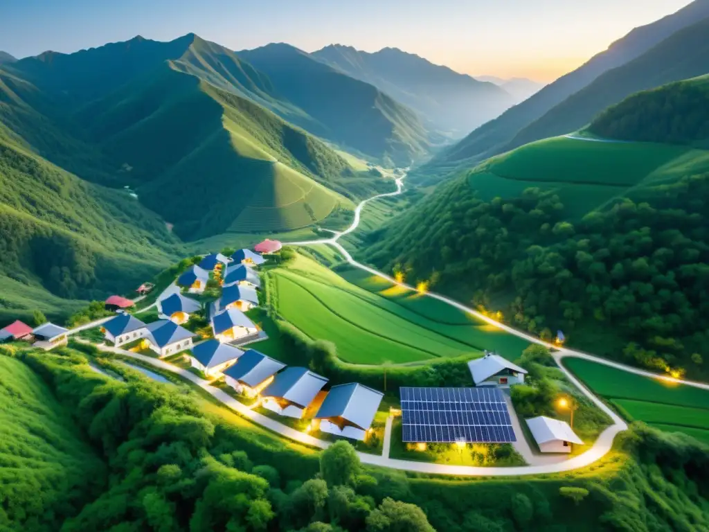 Vista serena de un pequeño pueblo en las montañas, con microgrids integrados discretamente