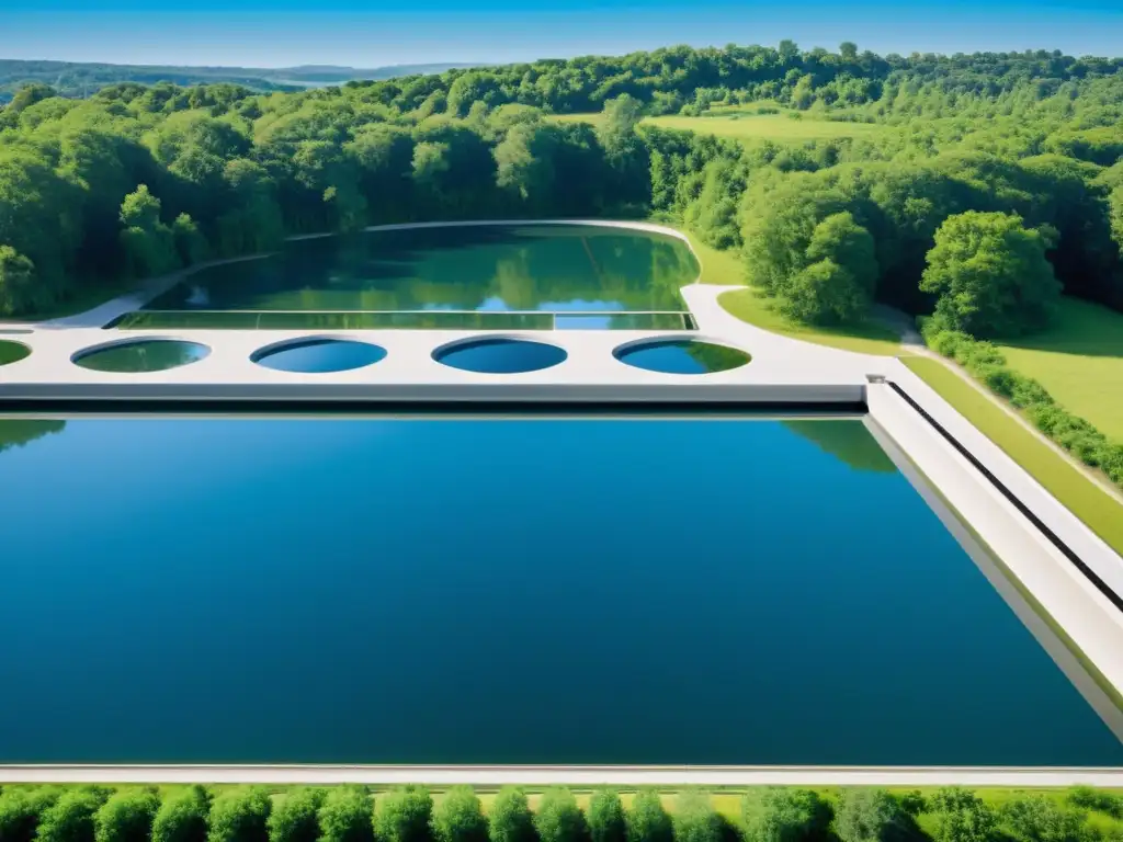 Vista serena de planta de tratamiento de agua moderna rodeada de naturaleza, evocando gestión inteligente recursos hídricos y energía