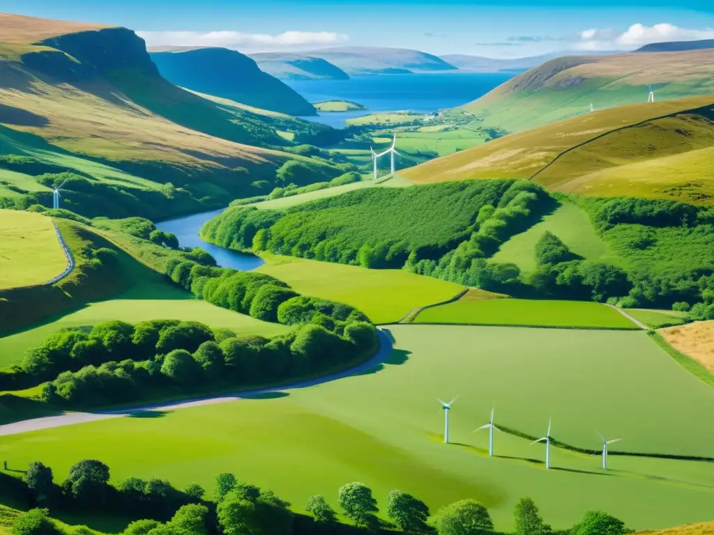 Vista serena de las Tierras Altas de Escocia con un parque eólico al fondo, simbolizando la energía verde en Escocia cero emisiones