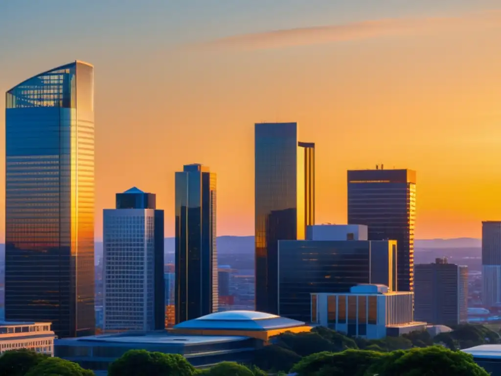 Vista urbana al atardecer con integración de energía renovable urbana y moderna arquitectura sostenible