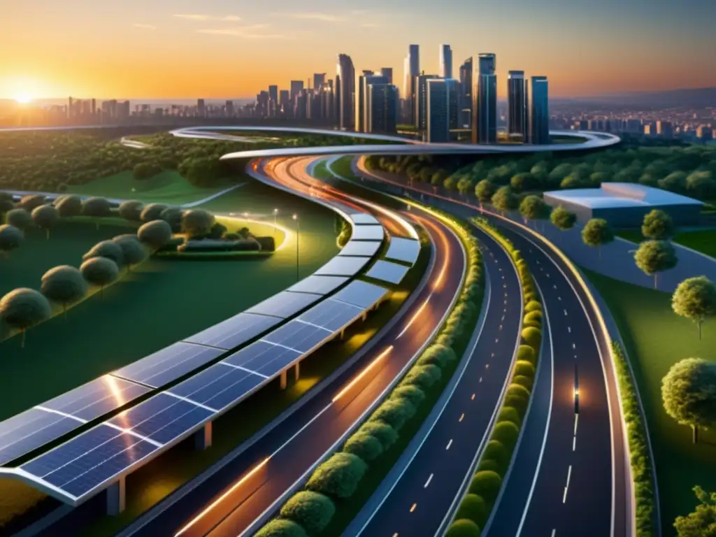 Vista urbana con carreteras solares y sostenibilidad urbana en un entorno futurista y ecológico al atardecer