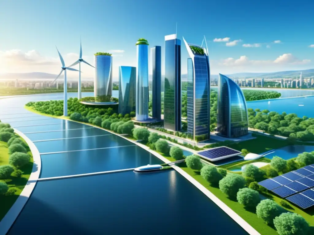 Vista urbana futurista con energías limpias y armonía en su diseño: análisis predictivo energías limpias