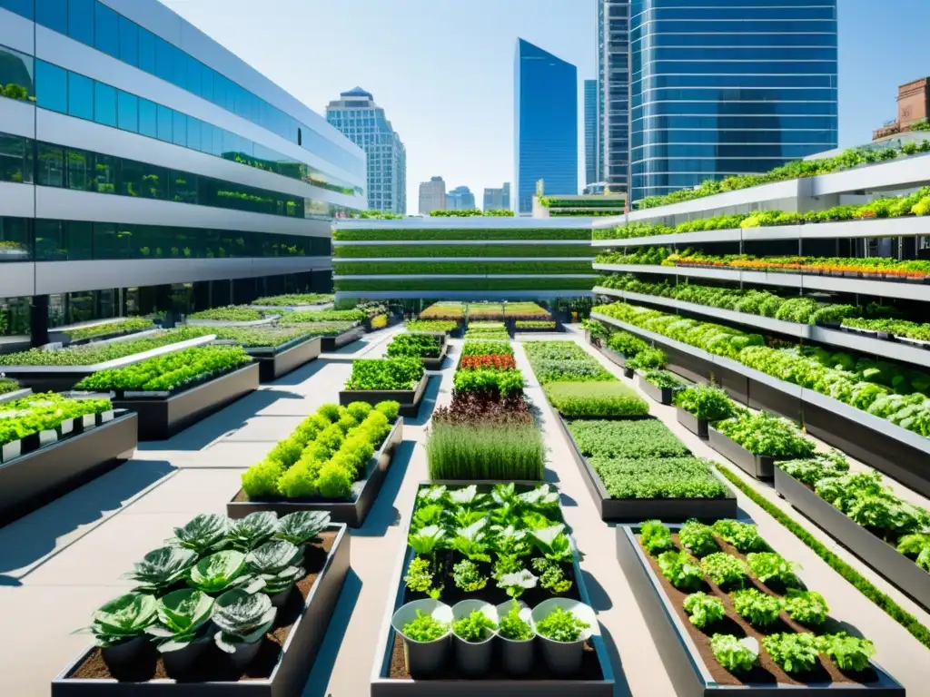 Vista urbana con jardines en azoteas y sistemas hidropónicos, mostrando la reutilización avanzada de agua en agricultura urbana