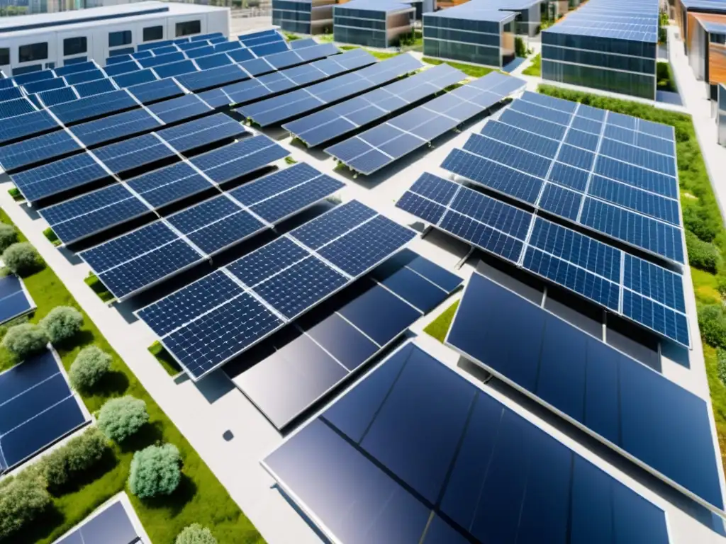 Vista urbana moderna con edificios equipados con paneles solares, mostrando la implementación de microgrids