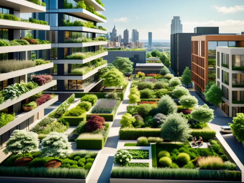 Vista urbana moderna con iniciativas verdes de sostenibilidad como jardines en azoteas y plantas verticales en edificios