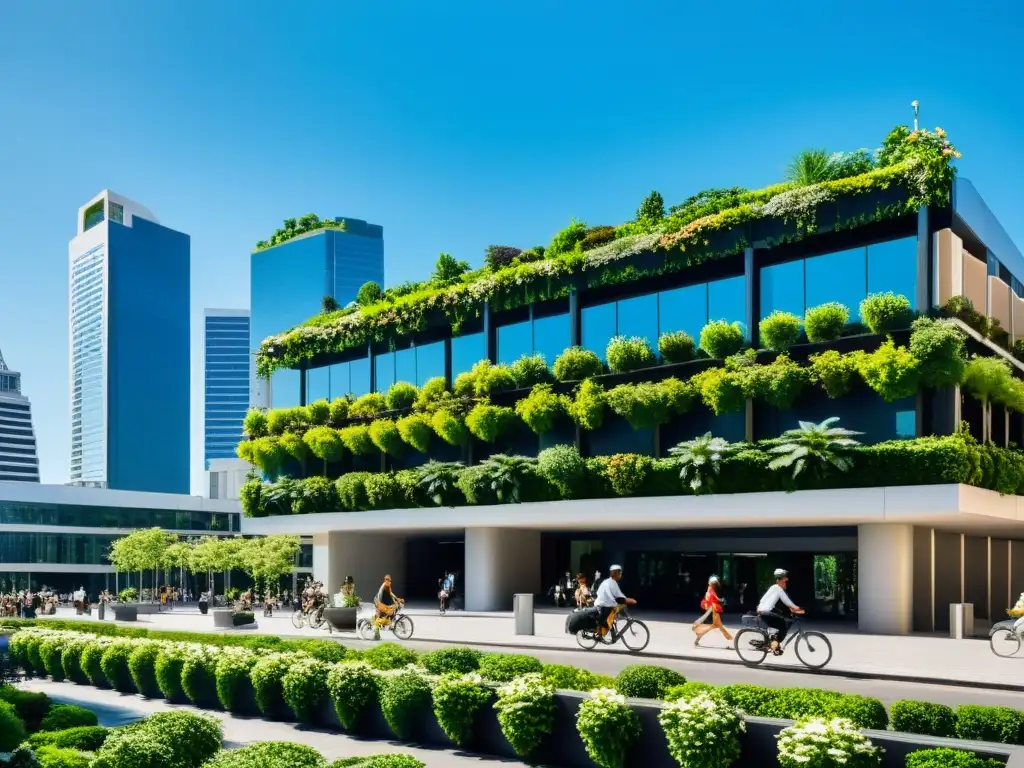 Vista urbana con rascacielos modernos y vegetación exuberante, reflejando la armonía de la planificación urbana ciudades sostenibles