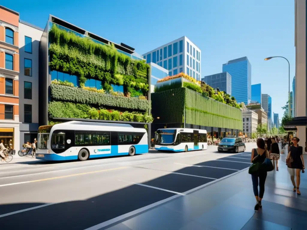 Vista urbana sostenible con edificios modernos, vegetación integrada y transporte eléctrico