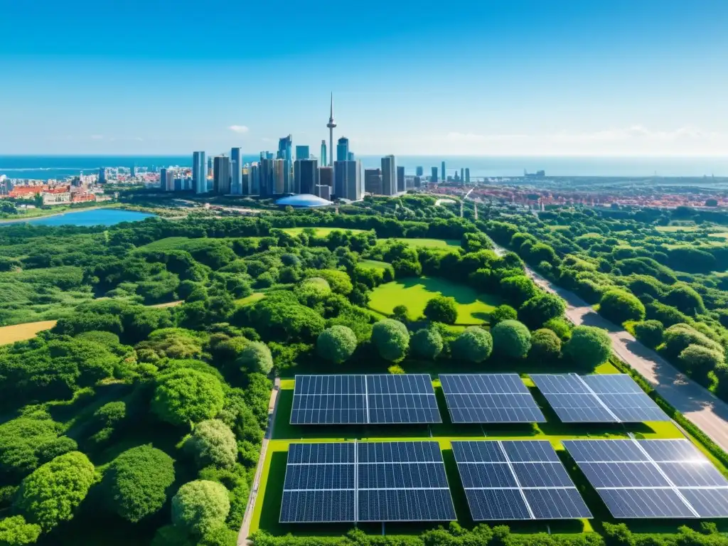 Vista urbana sostenible con energías limpias para control de calidad del aire