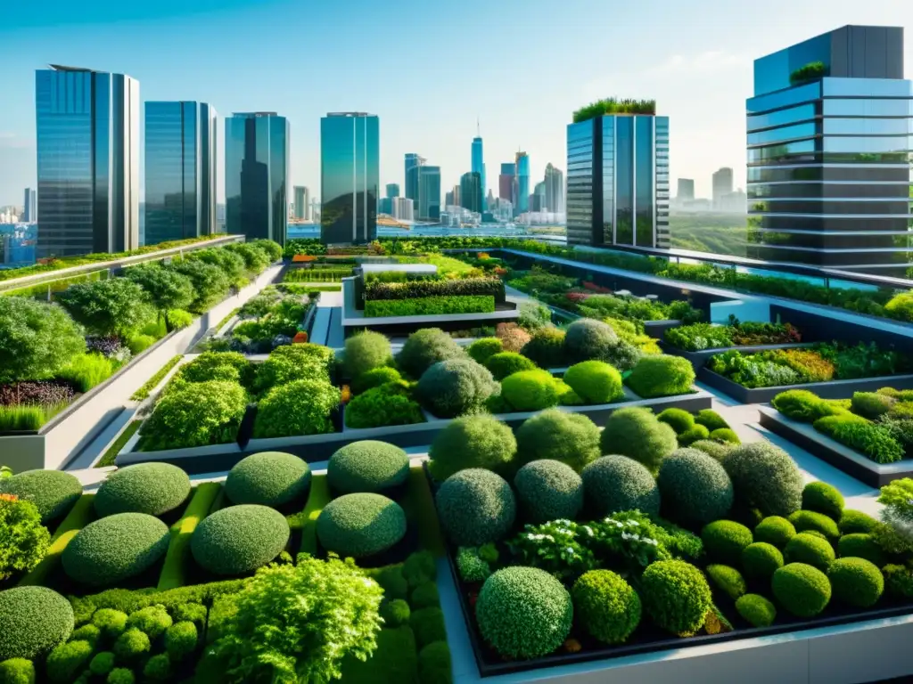 Vista urbanística con edificios modernos y jardines en azoteas