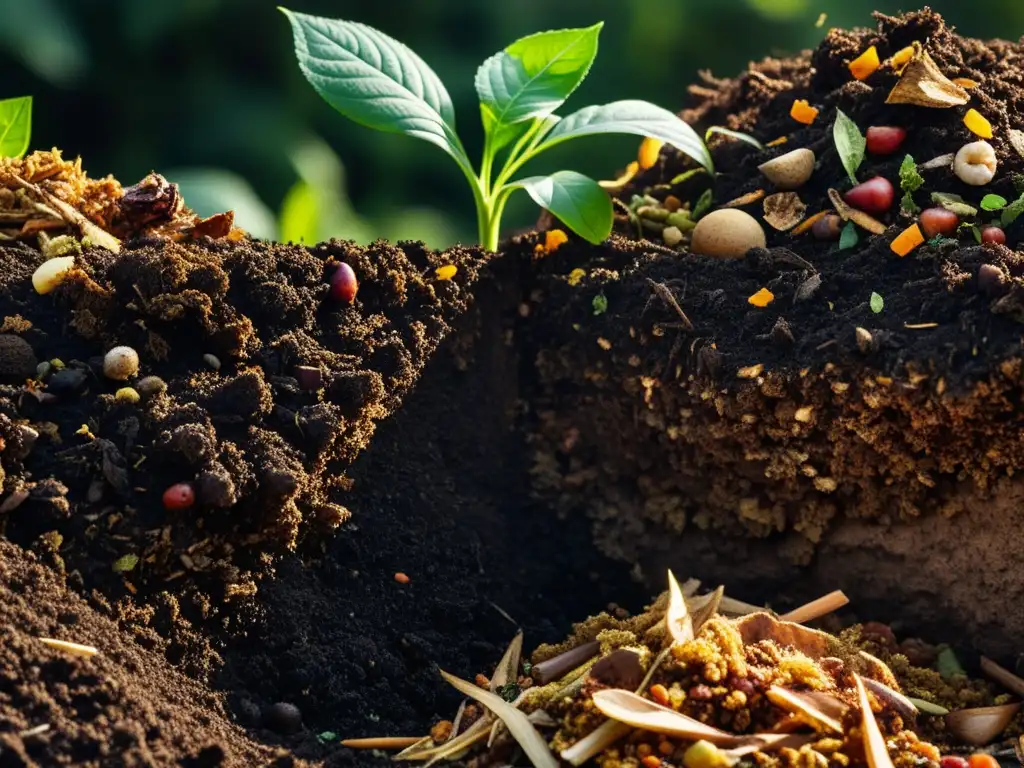 Un vistazo cercano a una pila de compost con una variedad de materiales orgánicos en diferentes etapas de descomposición