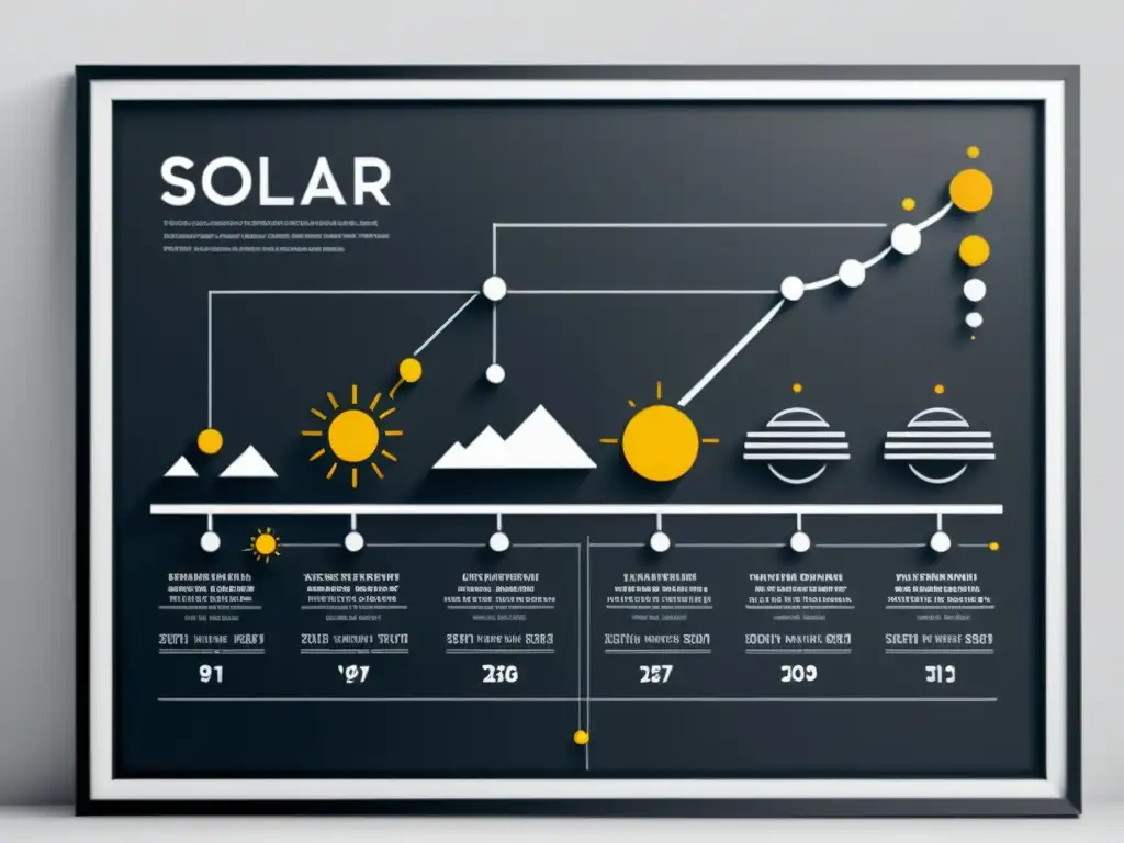 Representación visual detallada en blanco y negro de la evolución de la energía solar desde la antigüedad hasta paneles modernos