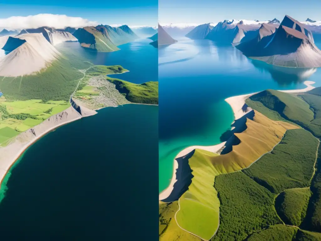 Comparación visual de paisajes: los fiordos y montañas nevadas de Noruega frente al desierto y vegetación exuberante de Chile