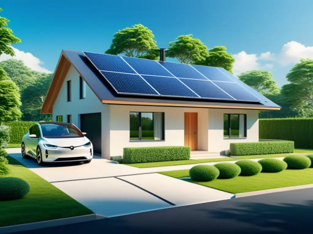 Vivienda ecoamigable con paneles solares, coche eléctrico y vegetación exuberante