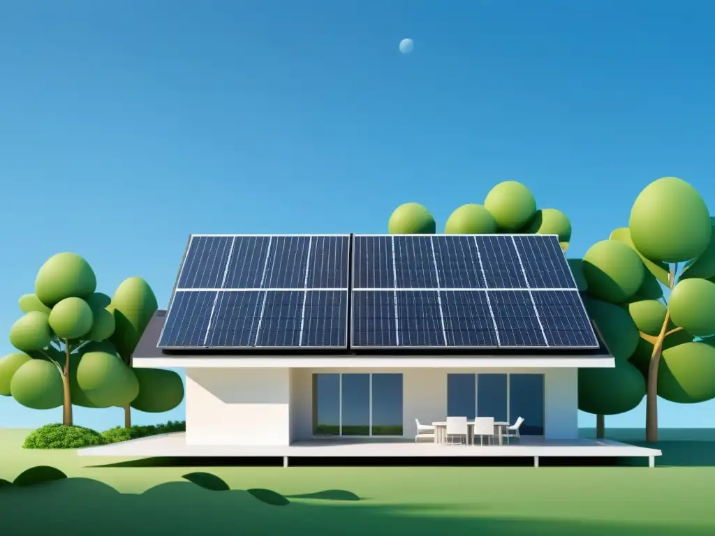 Vivienda ecoamigable con paneles solares y bioenergía para reducir huella de carbono, rodeada de exuberante vegetación y cielo azul claro