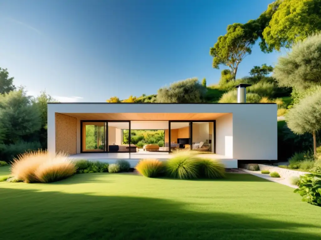 Vivienda ecológica con aislamiento natural de materiales como paja, corcho o lana, rodeada de un jardín exuberante