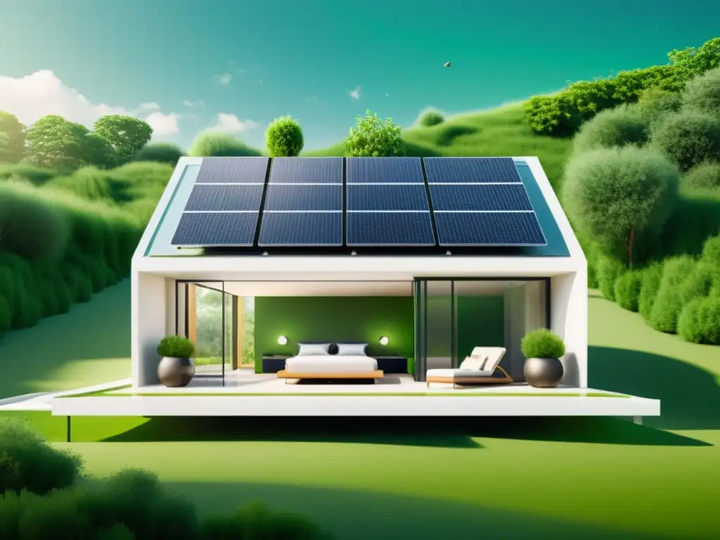 Vivienda ecológica con paneles solares, rodeada de vegetación exuberante y cultivos de microalgas como fuente de energía sostenible