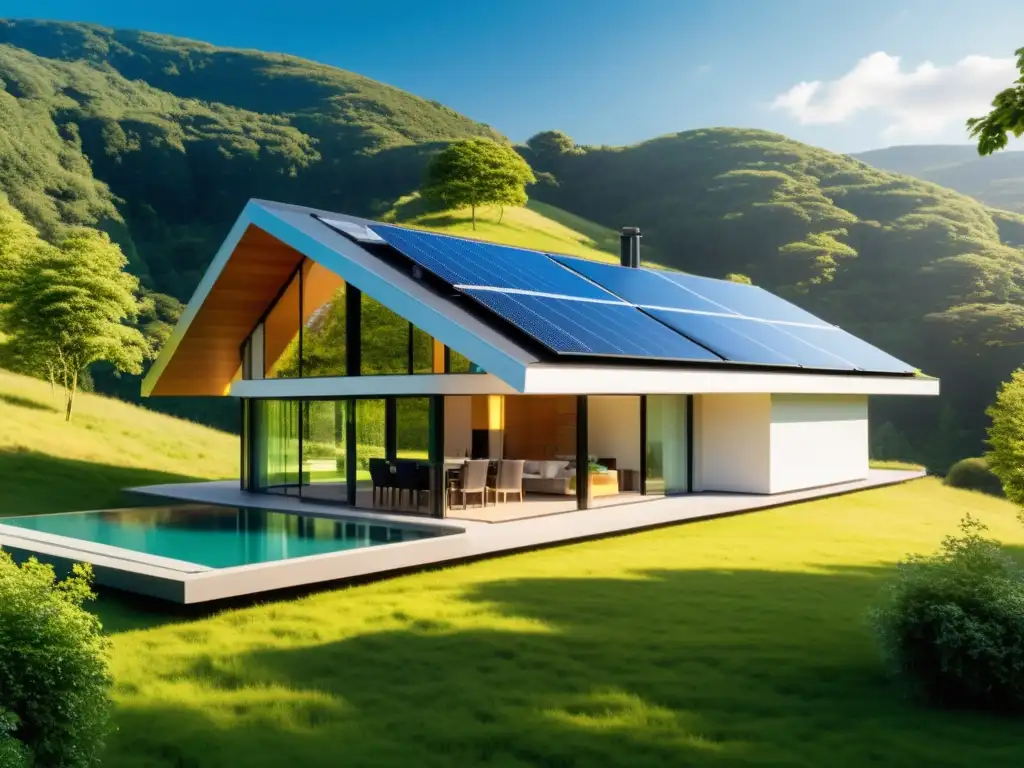 Vivienda ecológica con paneles solares, almacenamiento térmico y paisaje exuberante