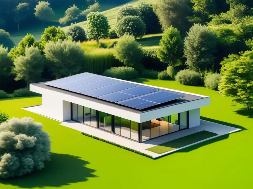 Vivienda europea sostenible y moderna, con paneles solares, rodeada de naturaleza