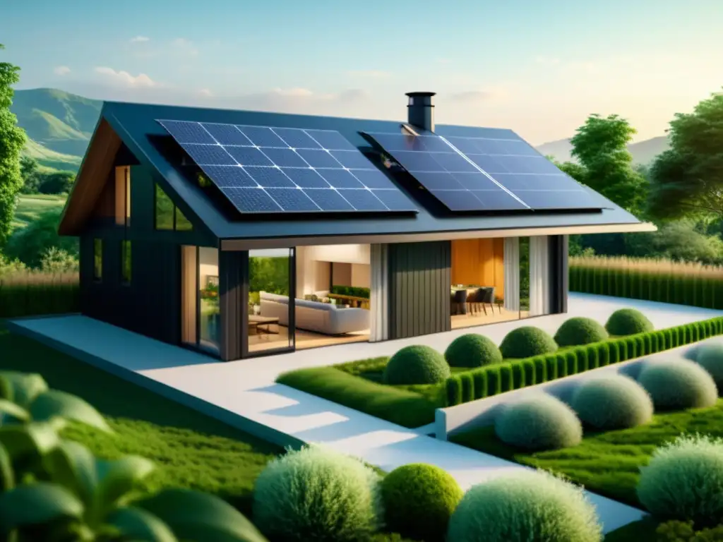 Vivienda ecológica con domótica integrada, paneles solares, ventanas eficientes y jardín verde en el techo