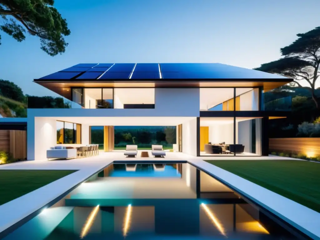 Vivienda minimalista con paneles solares integrados, reflejando elegancia y sostenibilidad