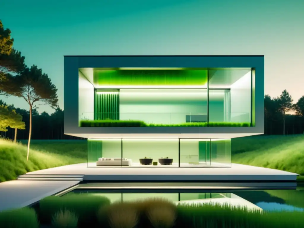 Vivienda moderna con bioreactor de tercera generación integrado, iluminado por microalgas, reflejando innovación y sostenibilidad