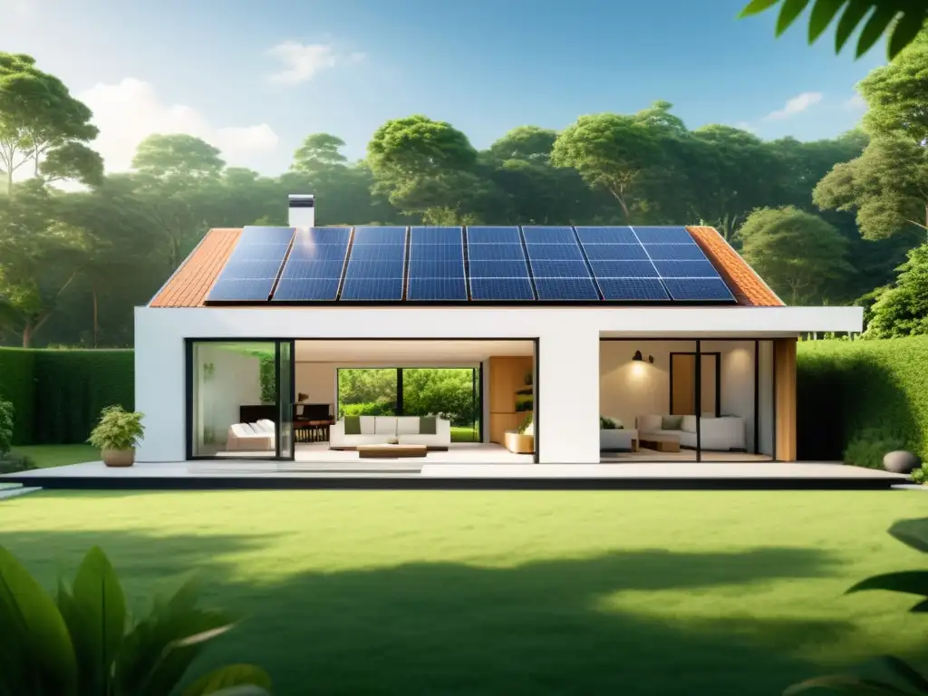 Vivienda moderna y eficiente con diseño solar pasivo y paneles solares integrados, rodeada de vegetación