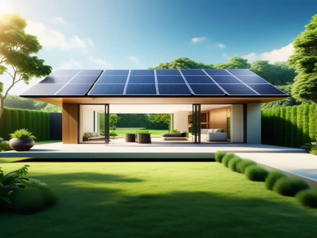 Vivienda moderna y energéticamente eficiente rodeada de vegetación exuberante y paneles solares brillando bajo el sol