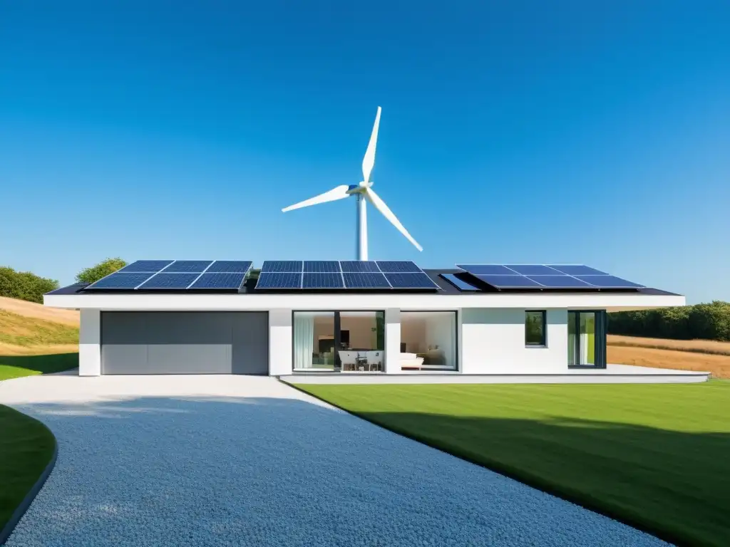 Vivienda moderna con estrategias combinadas autosuficiencia energética, paneles solares y turbina eólica en cielo azul