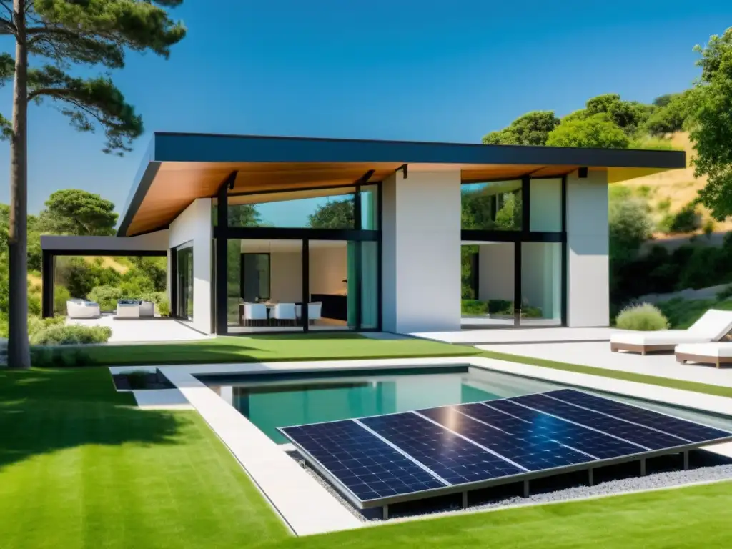 Vivienda moderna con integración de bioenergía en microredes domésticas, tecnología renovable y armonía con la naturaleza