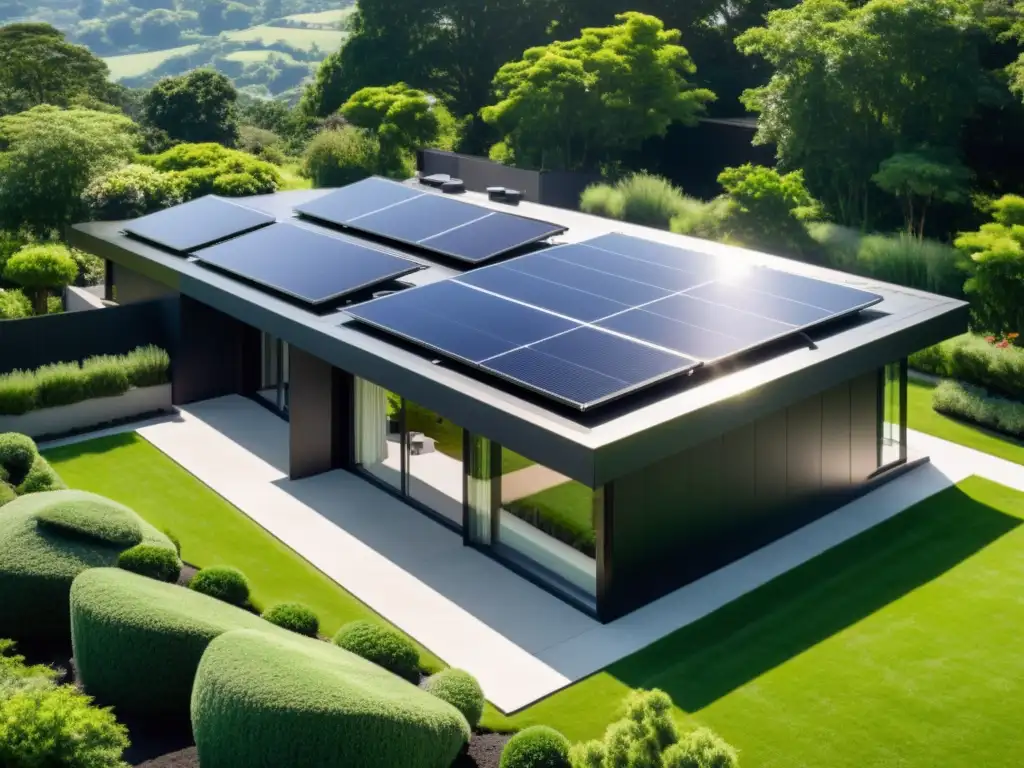 Vivienda moderna con integración de paneles solares en el techo, reflejando eficiencia y sostenibilidad