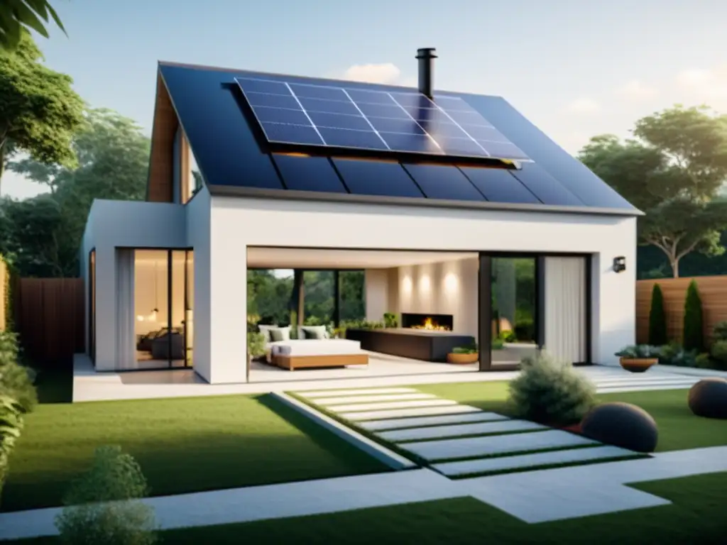 Vivienda moderna y minimalista con paneles solares, jardín energéticamente eficiente y características eco-amigables