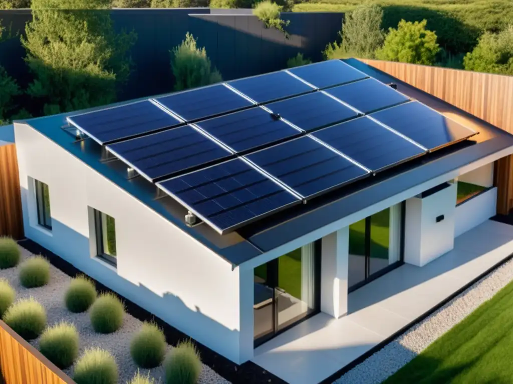 Vivienda moderna con paneles solares, baterías de litio y diseño eficiente