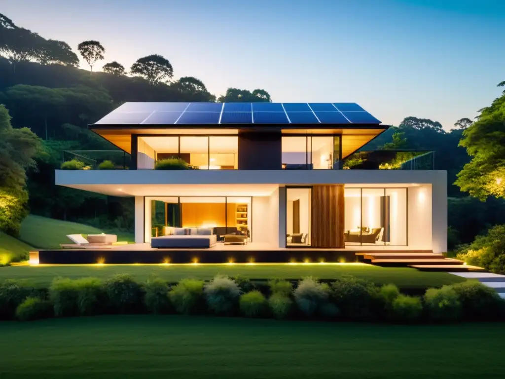 Vivienda moderna con paneles solares, sistema de almacenamiento de energía sostenible y diseño innovador, simbolizando la vida ecofriendly