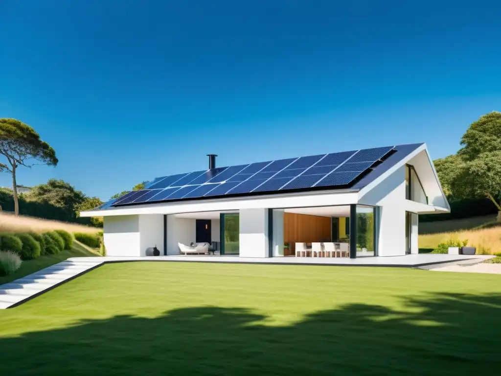 Vivienda moderna con paneles solares integrados y baterías de energía, rodeada de exuberante paisaje y cielo azul