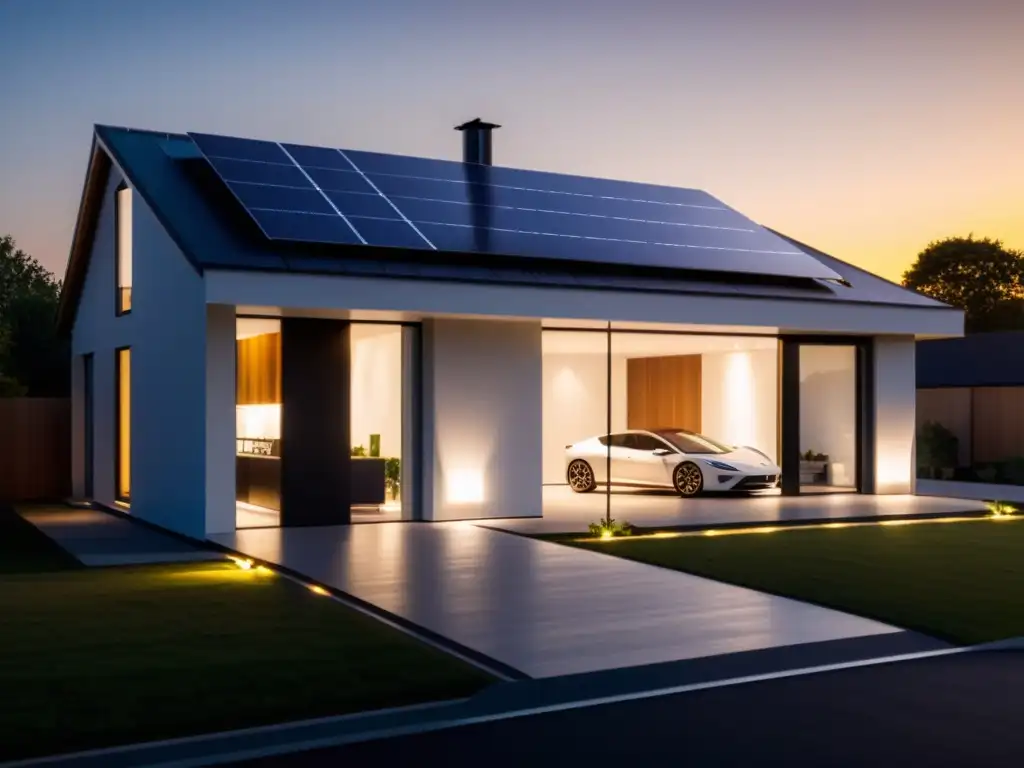 Vivienda moderna con paneles solares y sistemas de almacenamiento para autoconsumo, bañada por la cálida luz del atardecer