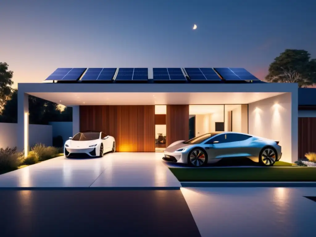 Vivienda moderna con paneles solares, autos eléctricos y ambiente sostenible al atardecer