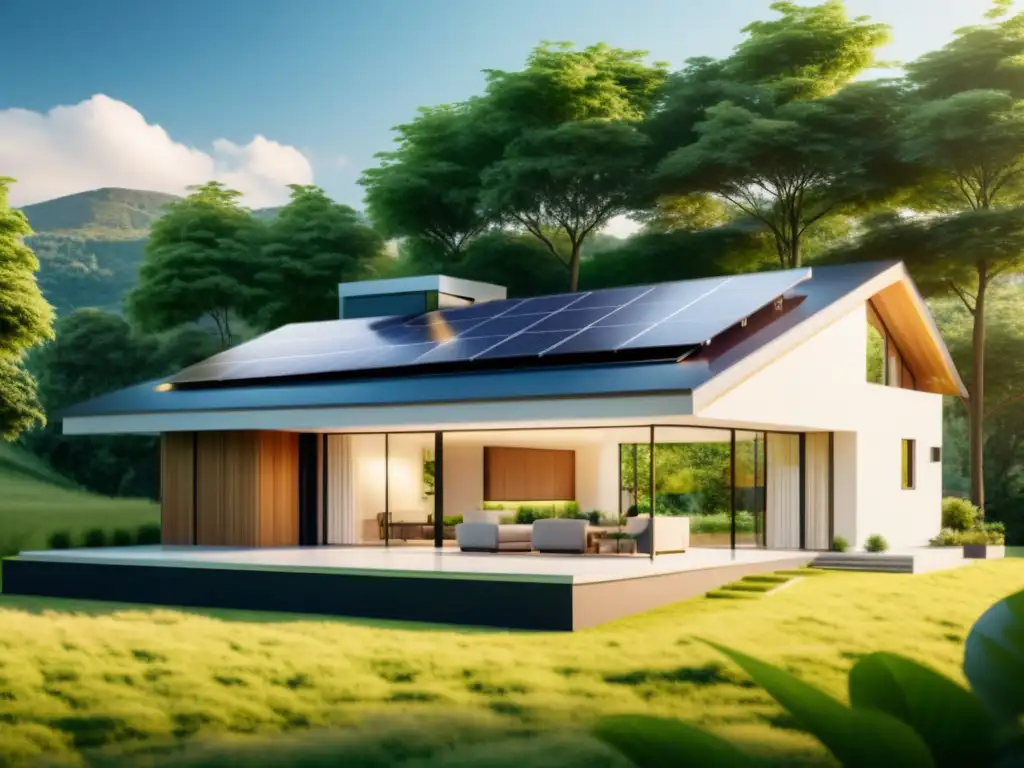 Vivienda moderna con paneles solares y almacenamiento de energía integrado, rodeada de exuberante vegetación