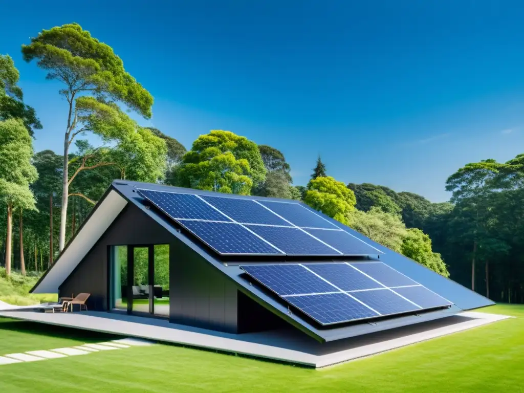 Vivienda moderna con paneles solares integrados, árboles verdes y cielo azul