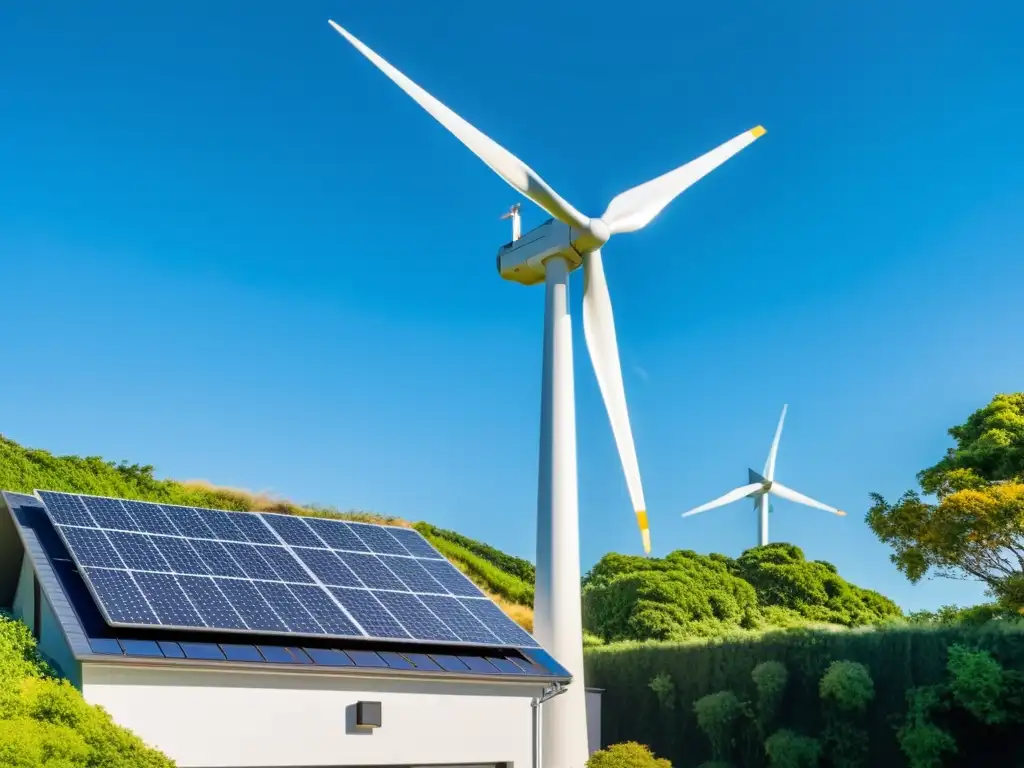 Vivienda moderna con paneles solares, aerogenerador en paisaje verde y cielo azul