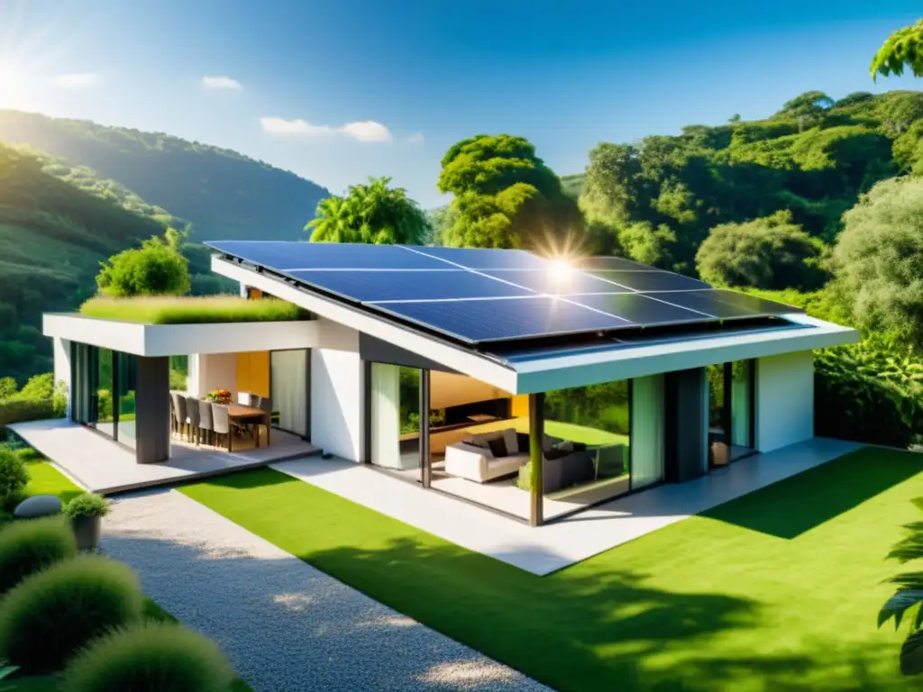 Vivienda moderna con paneles solares integrados, rodeada de exuberante vegetación y bañada por cálida luz solar