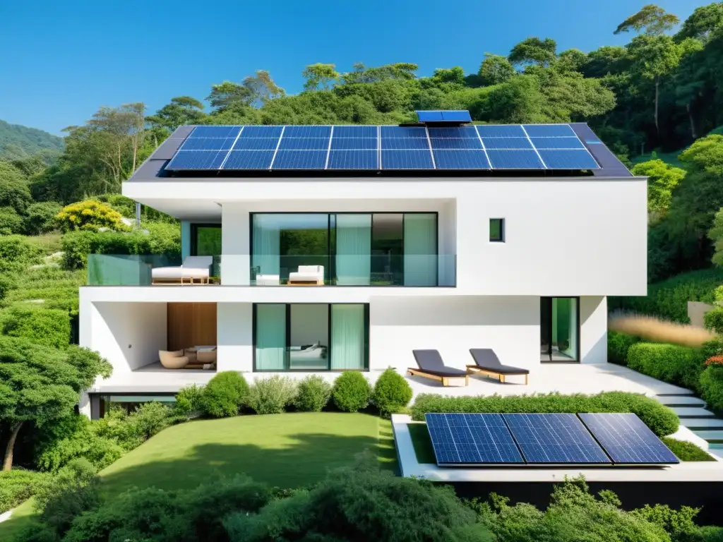 Vivienda moderna con paneles solares integrados, rodeada de vegetación exuberante y cielo azul