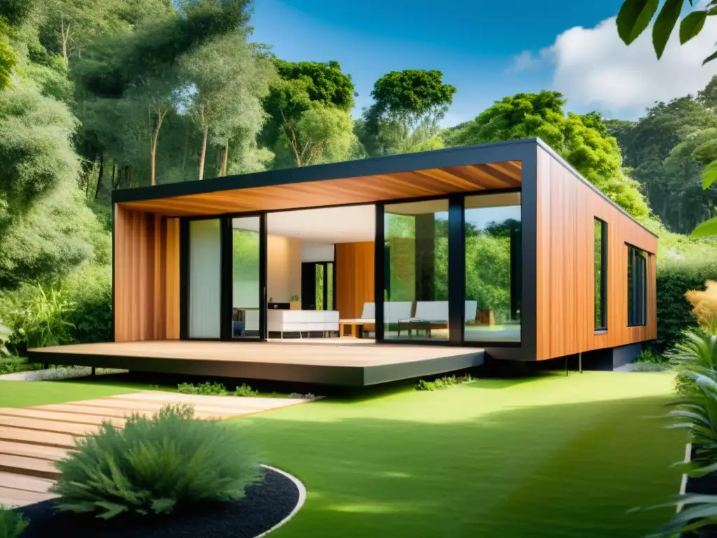 Vivienda ecológica moderna rodeada de naturaleza exuberante, con materiales de construcción sostenibles en armonía con el diseño moderno