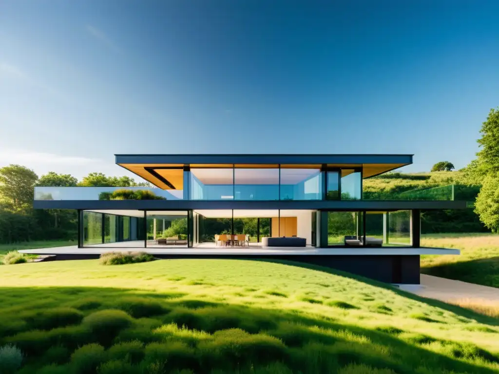 Casa moderna autosuficiente con paneles solares integrados en vidrio Vivienda moderna y sostenible con aplicaciones del vidrio fotovoltaico, elegante y en armonía con la naturaleza