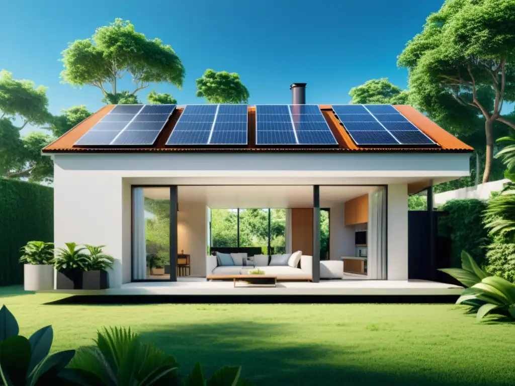 Vivienda moderna y sostenible con paneles solares, sistema de recolección de agua y amplias ventanas, rodeada de exuberante vegetación