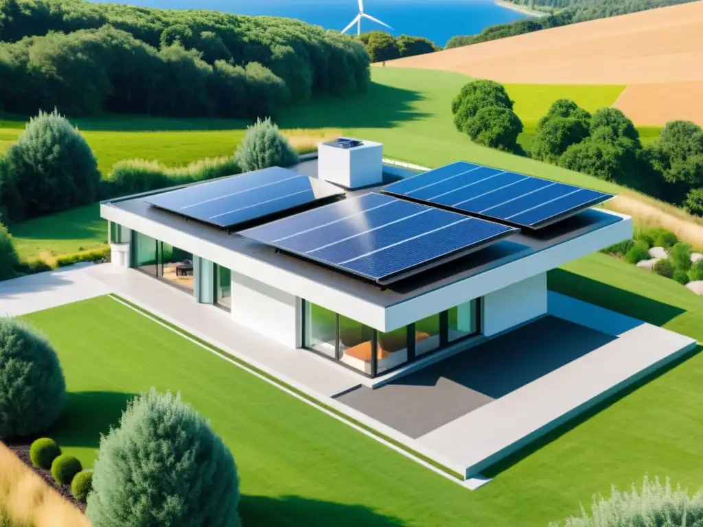 Vivienda moderna con turbinas eólicas y paneles solares integrados, en armonía con la naturaleza