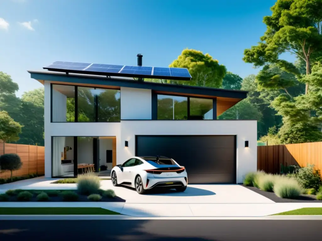 Vivienda moderna con ventanales energéticamente eficientes, paneles solares, automóvil eléctrico y paisajismo sostenible