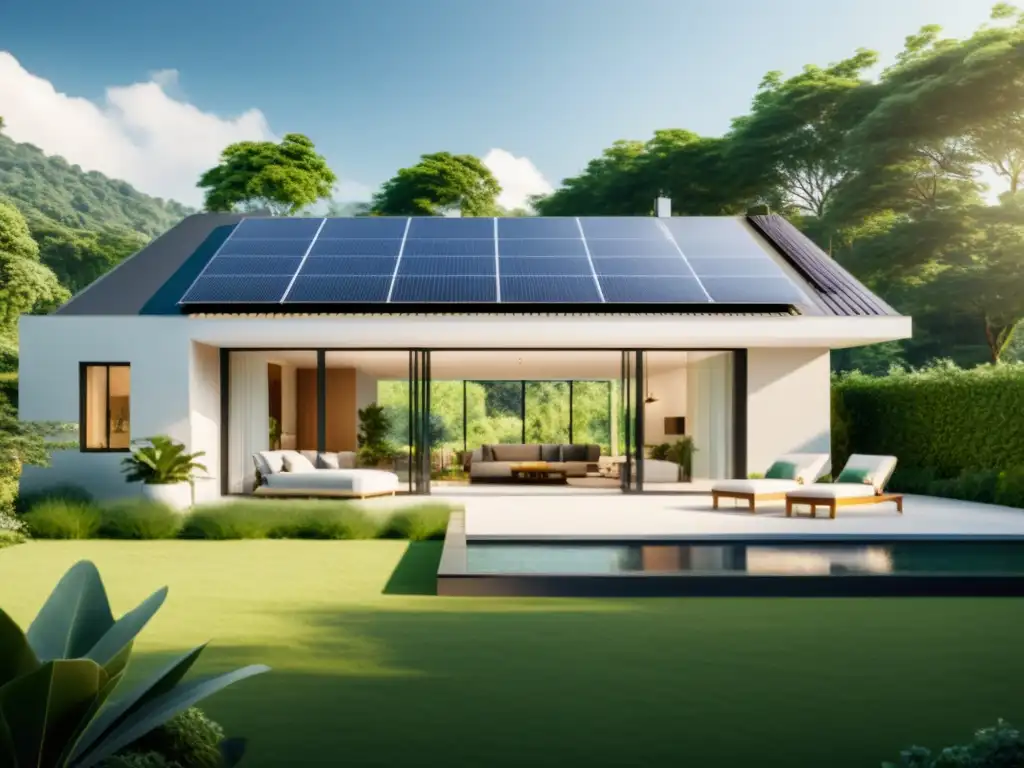 Vivienda sostenible con integración de energía solar, rodeada de naturaleza exuberante y bañada por la cálida luz del sol