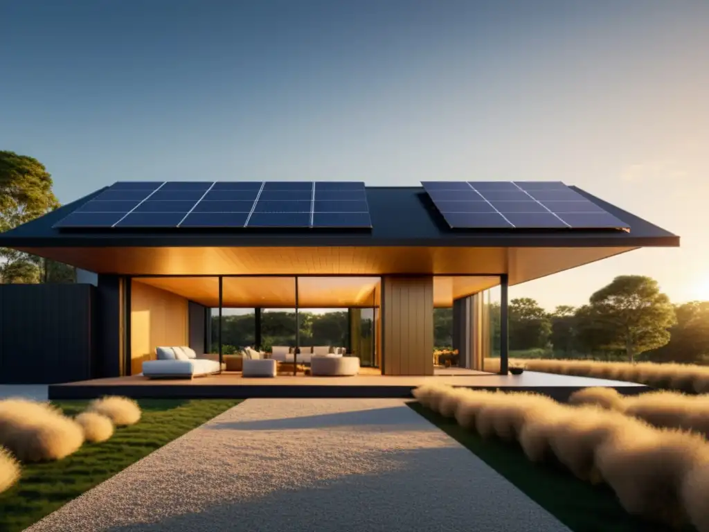 Vivienda sostenible con integración de energía solar, diseño moderno y paneles solares en armonía con el entorno