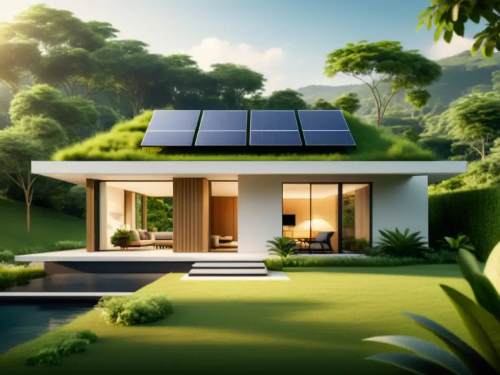 Vivienda sostenible moderna con paneles solares y almacenamiento energético baterías térmicas, rodeada de exuberante vegetación