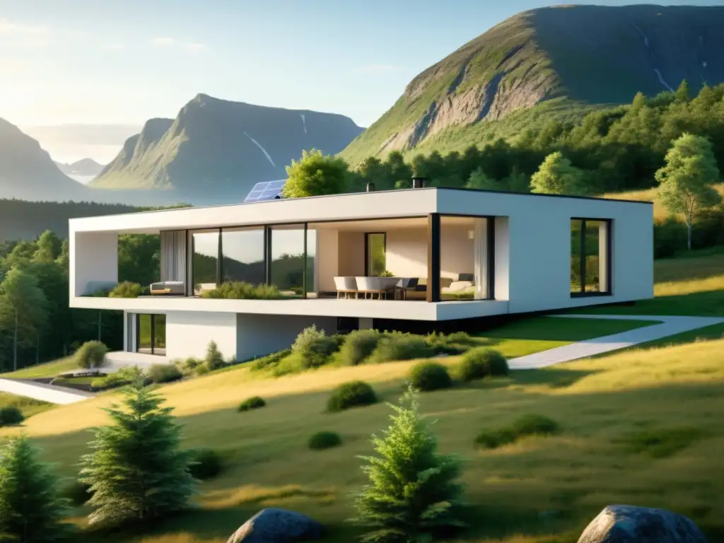 Vivienda sostenible en Noruega, rodeada de naturaleza exuberante y energía solar en el techo